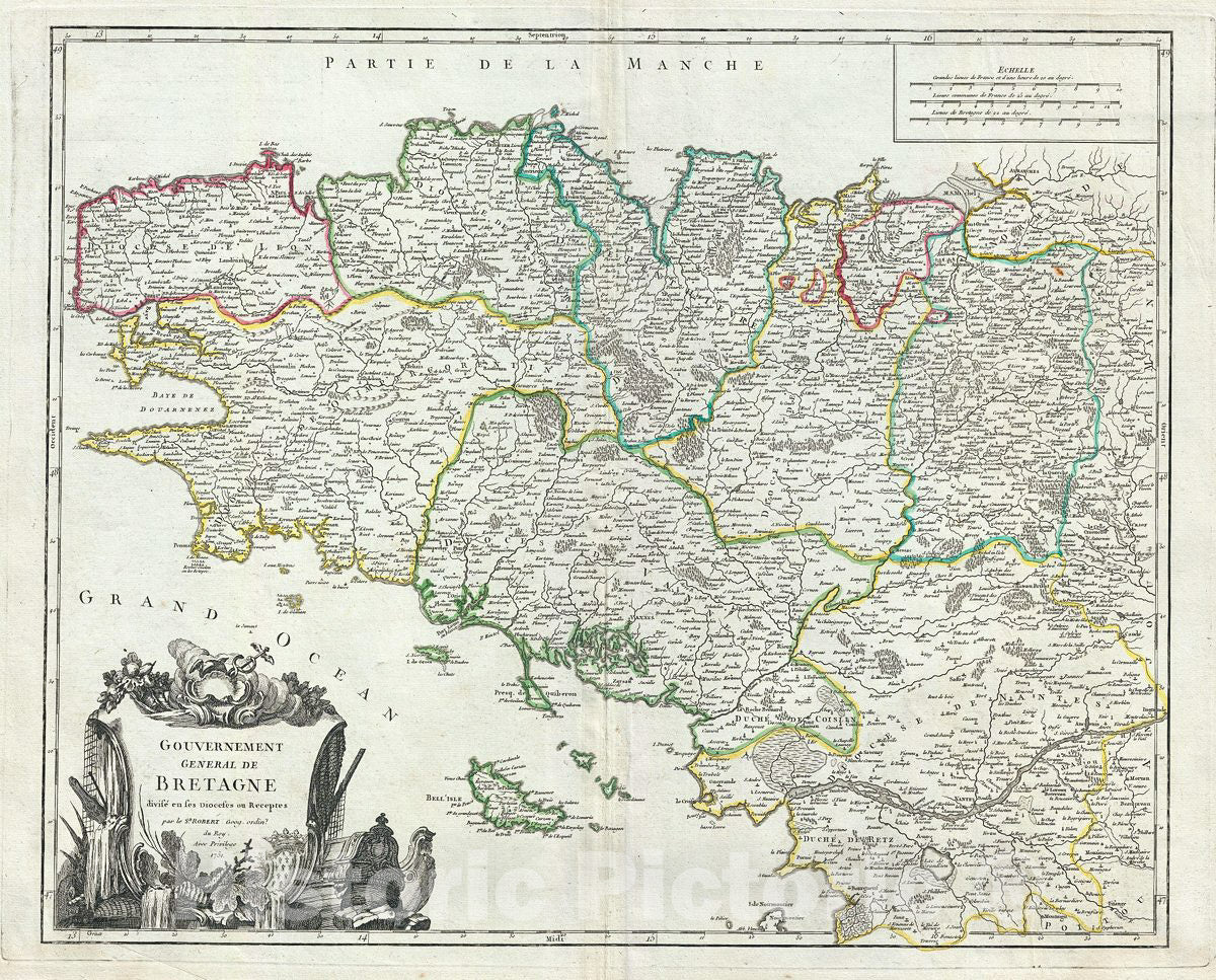 Historic Map : Vaugondy Map of Brittany, France, 1751, Vintage Wall Art