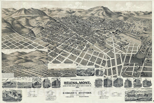 Historic Map : Henry Wellge Bird'sEye View of Helena, Montana, 1890, Vintage Wall Art