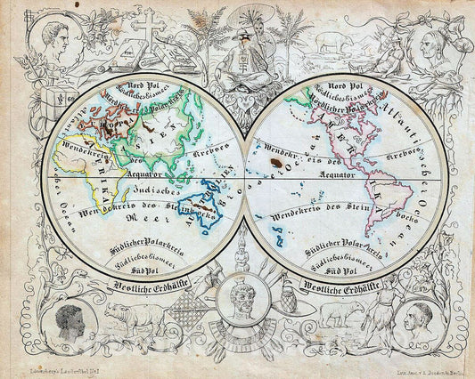 Historic Map : Lowenberg Whimsical Map of Both Hemispheres, 1846, Vintage Wall Art