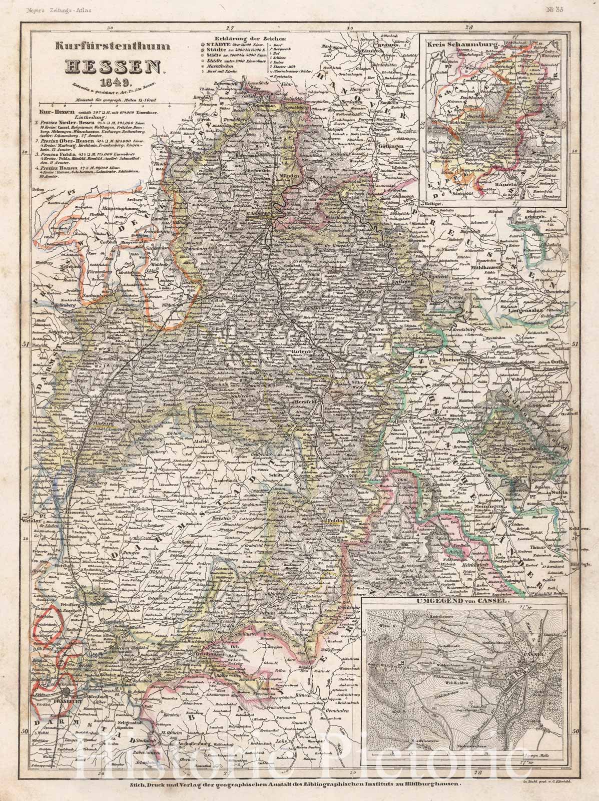 Historic Map : Meyer Map of The Electorate of Hesse, Germany, 1849, Vintage Wall Art