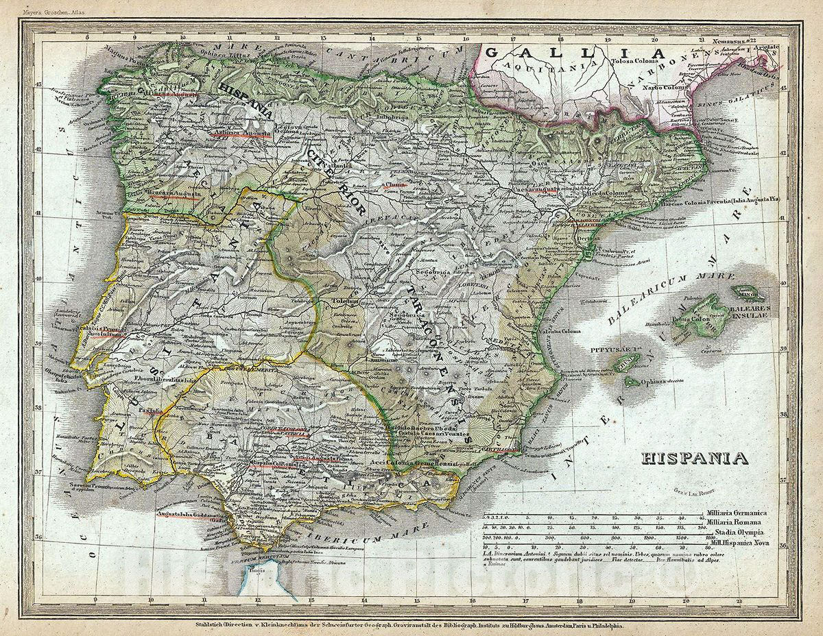 Historic Map : Meyer Map of Hispania or Spain and Portugal Under The Roman Empire, 1852, Vintage Wall Art