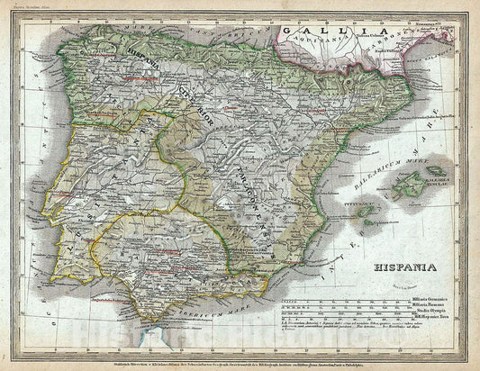Historic Map : Meyer Map of Hispania or Spain and Portugal Under The Roman Empire, 1852, Vintage Wall Art