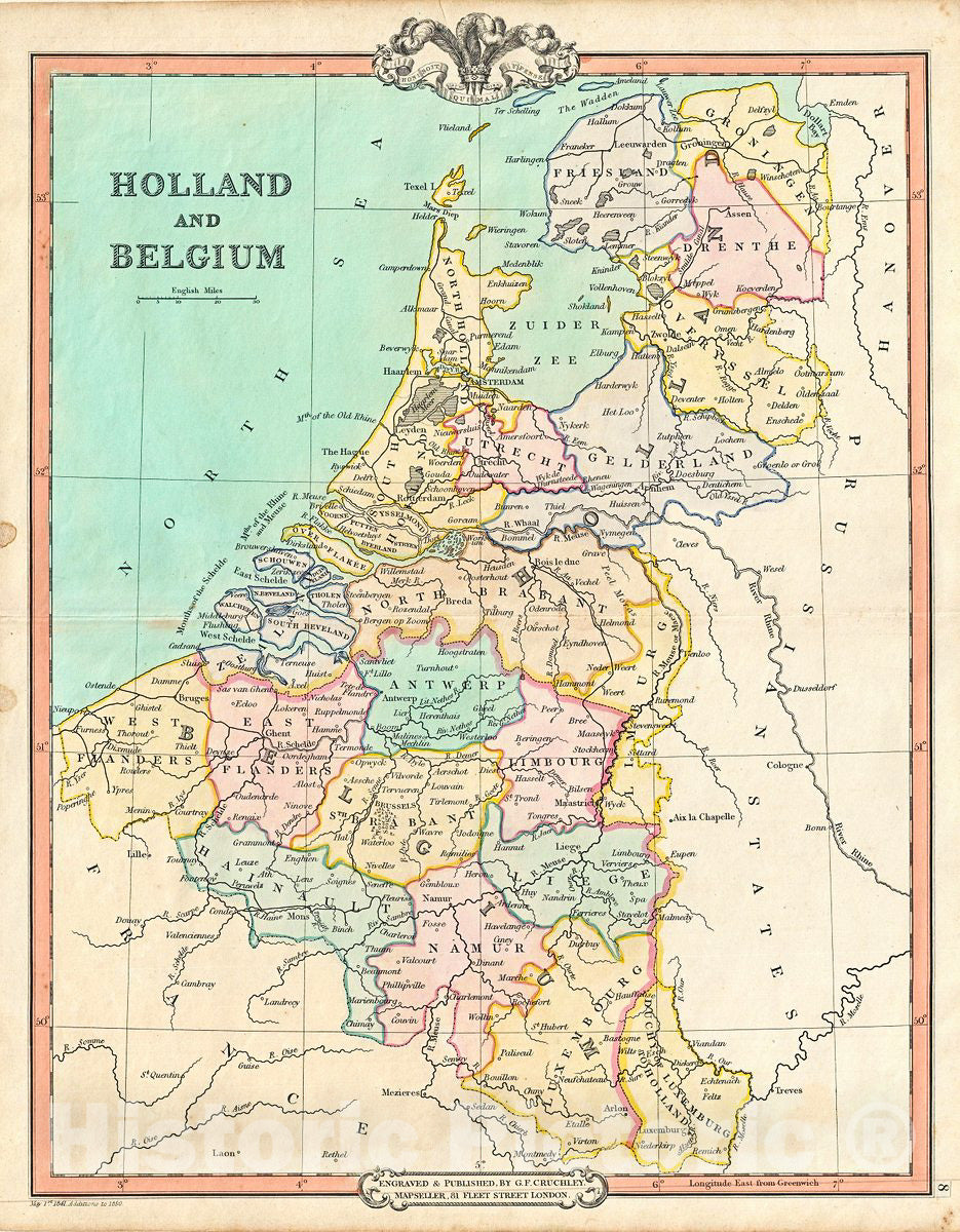 Historic Map : Cruchley Map of Holland and Belgium, 1850, Vintage Wall Art