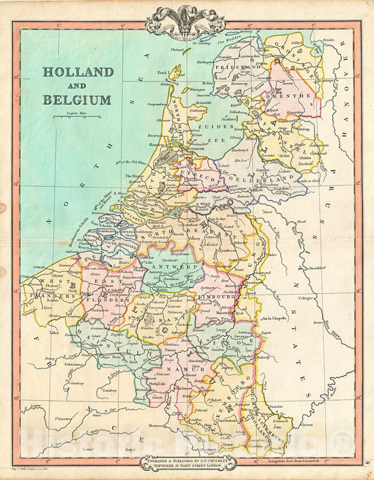 Historic Map : Cruchley Map of Holland and Belgium, 1850, Vintage Wall Art