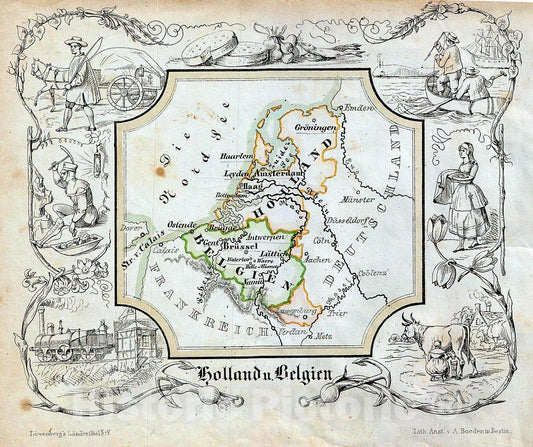 Historic Map : Lowenberg Whimsical Map of Holland and Belgium, 1846, Vintage Wall Art