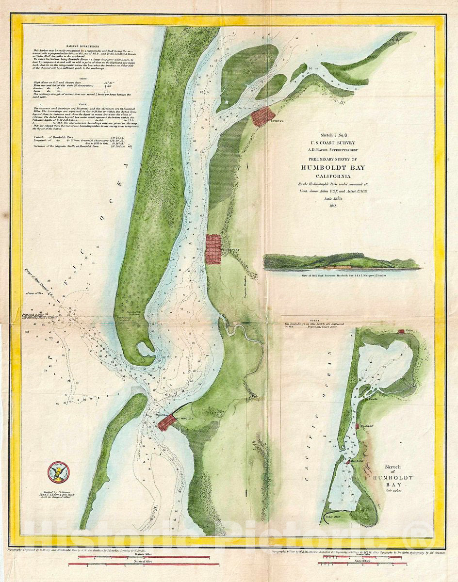 Historic Map : U.S. Coast Survey Chart or Map of Humboldt Bay, California, 1851, Vintage Wall Art