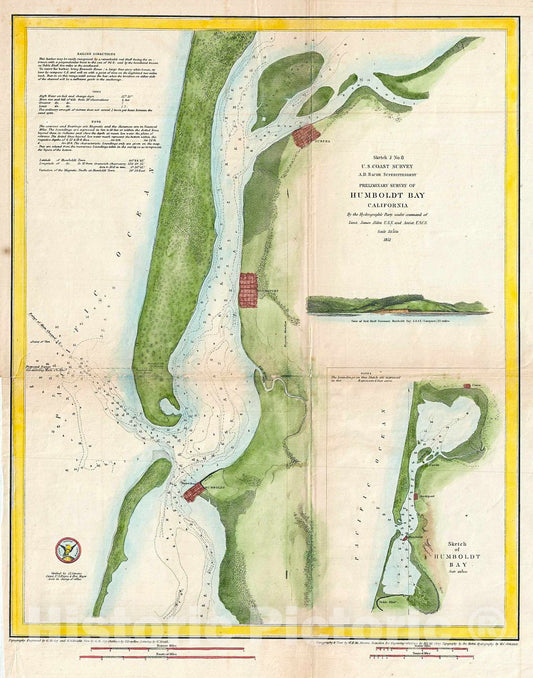 Historic Map : U.S. Coast Survey Chart or Map of Humboldt Bay, California, 1851, Vintage Wall Art