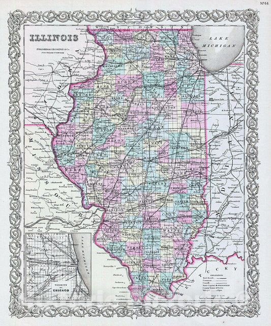 Historic Map : Colton Map of Illinois, 1856, Vintage Wall Art
