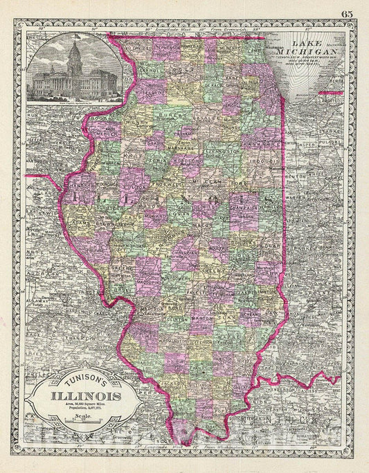 Historic Map : Tunison Map of Illinois, 1887, Vintage Wall Art