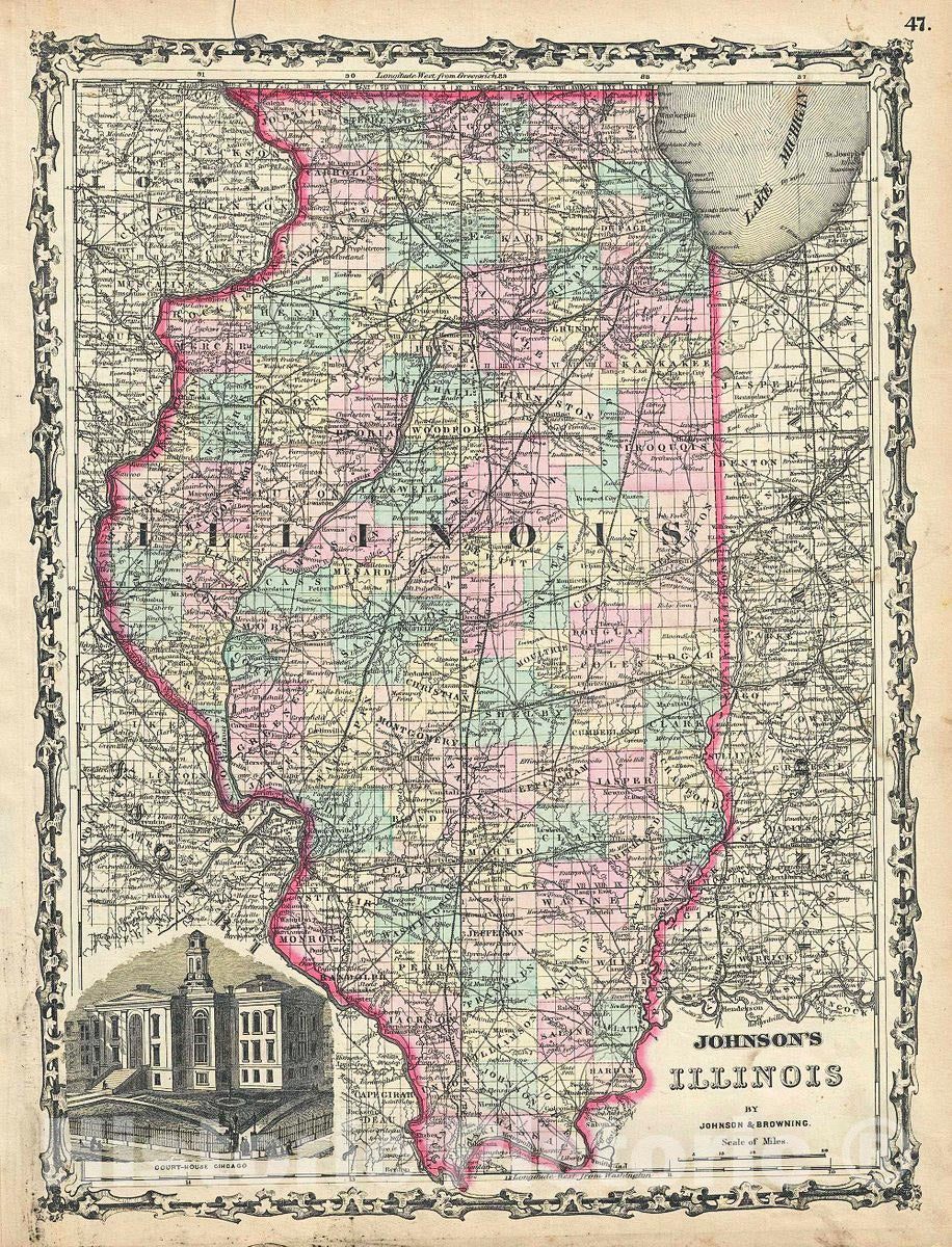 Historic Map : Johnson Map of Illinois, 1861, Vintage Wall Art