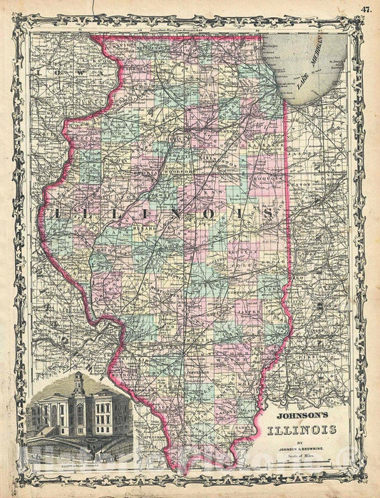 Historic Map : Johnson Map of Illinois, 1861, Vintage Wall Art