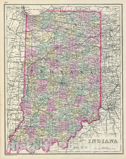 Historic Map : Bradley Map of Indiana, 1887, Vintage Wall Art