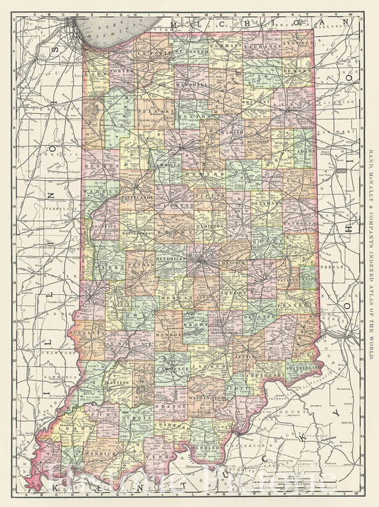 Historic Map : Rand McNally Map of Indiana, 1889, Vintage Wall Art