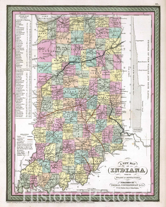 Historic Map : Mitchell Map of Indiana, Version 2, 1854, Vintage Wall Art