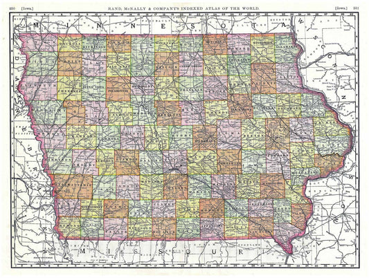 Historic Map : Rand McNally Map of Iowa, 1889, Vintage Wall Art