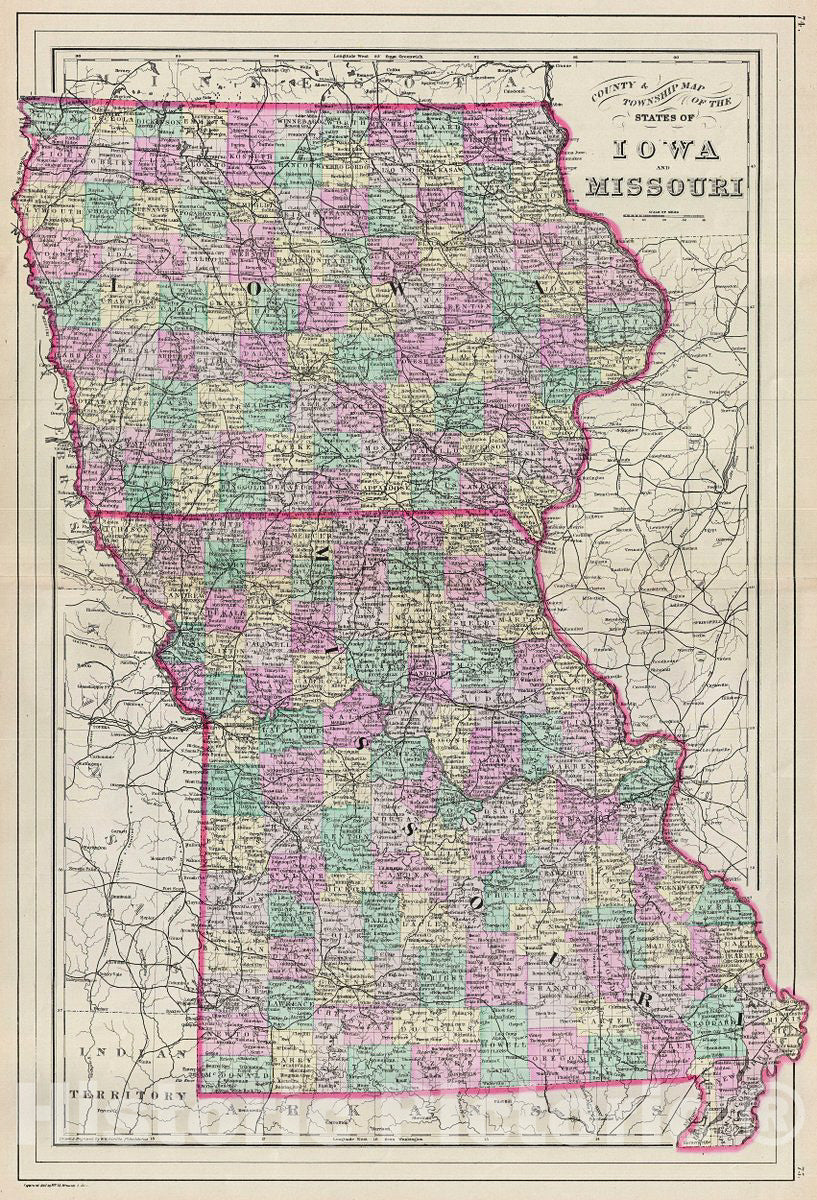 Historic Map : Bradley Map of Iowa and Missouri, 1887, Vintage Wall Art