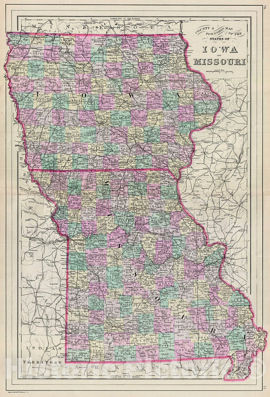 Historic Map : Bradley Map of Iowa and Missouri, 1887, Vintage Wall Art