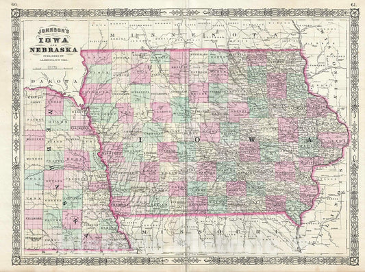 Historic Map : Johnson Map of Iowa and Nebraska, Version 2, 1866, Vintage Wall Art
