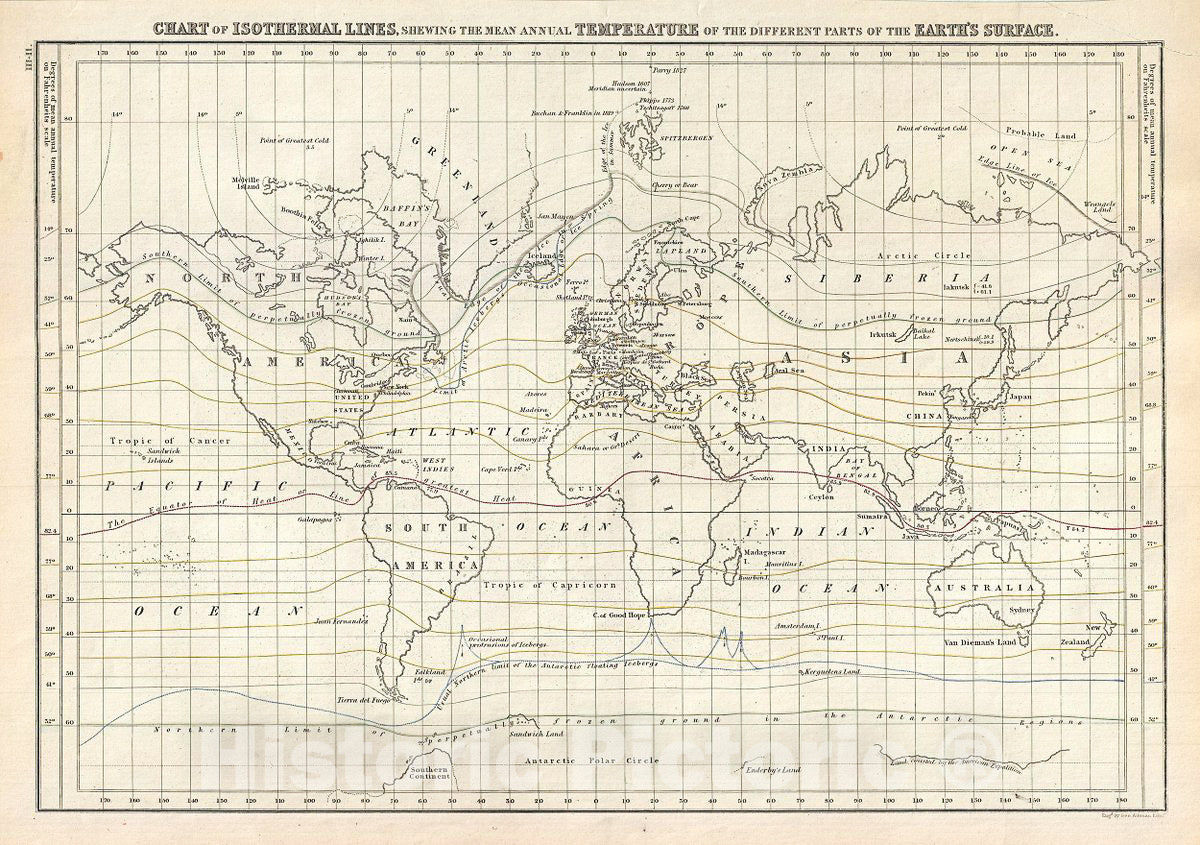 Historic Map : Black Map or Chart of The Isothermal Lines Showing The World's Temperatures, 1844, Vintage Wall Art