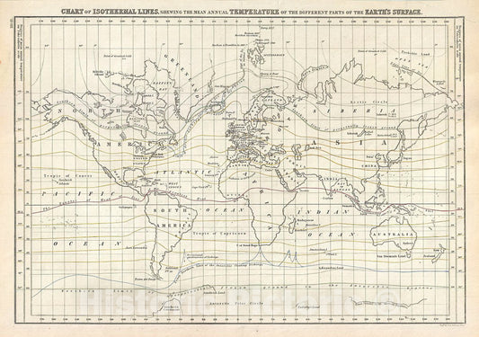 Historic Map : Black Map or Chart of The Isothermal Lines Showing The World's Temperatures, 1844, Vintage Wall Art