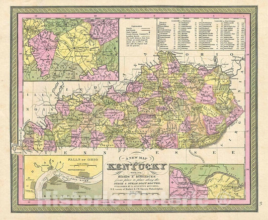 Historic Map : Mitchell Map of Kentucky, 1849, Vintage Wall Art