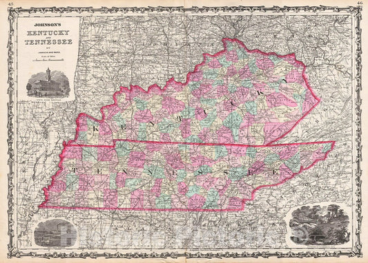 Historic Map : Johnson Map of Kentucky and Tennessee, Version 2, 1863, Vintage Wall Art