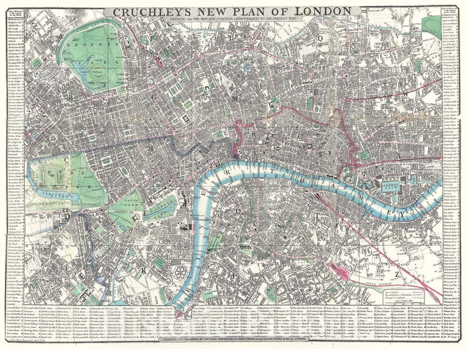 Historic Map : Crutchley Pocket Map of London, England, 1846, Vintage Wall Art