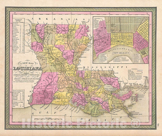 Historic Map : Mitchell Map of Louisiana, 1849, Vintage Wall Art