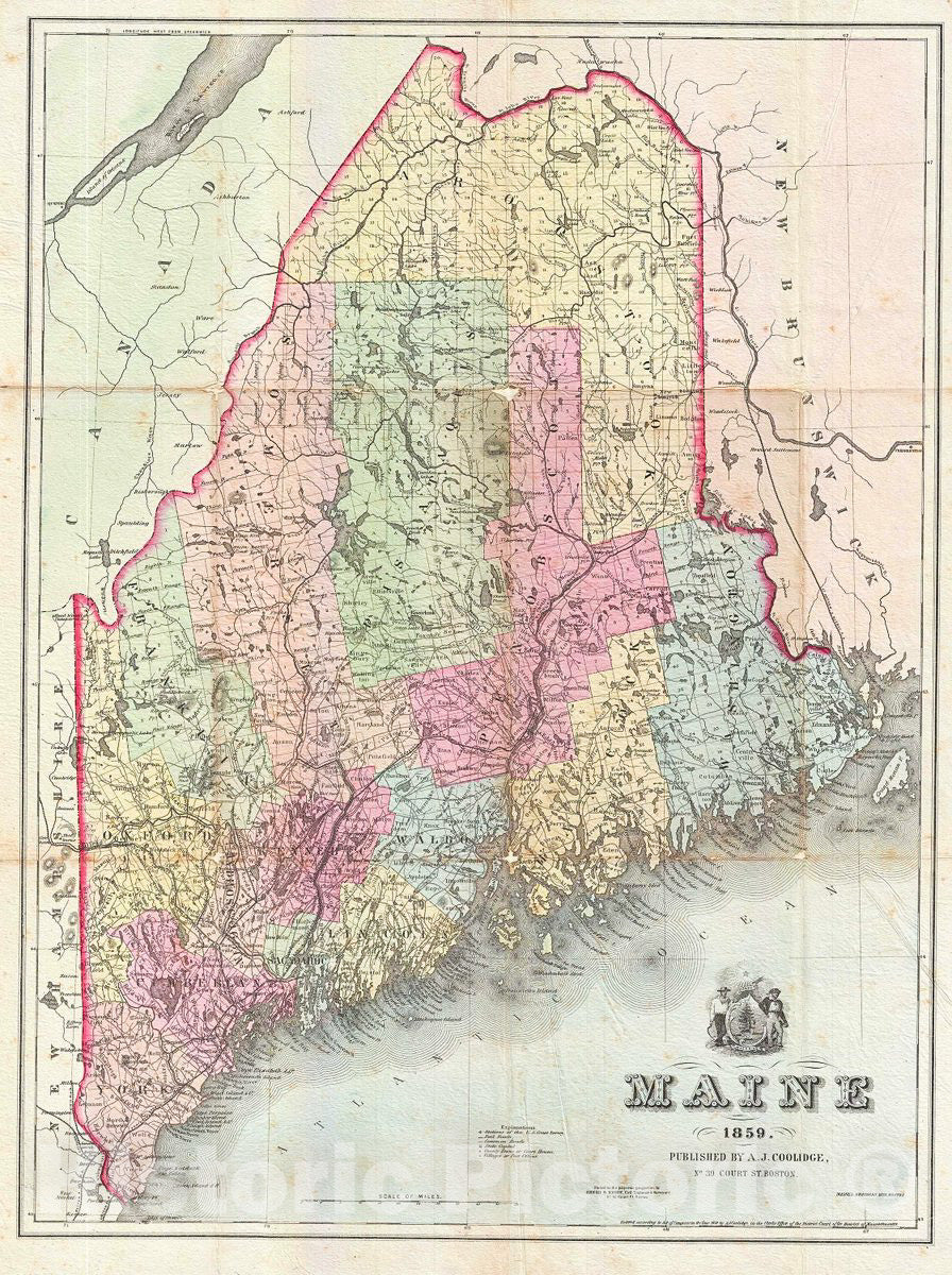 Historic Map : Coolidge Map of Maine, 1859, Vintage Wall Art