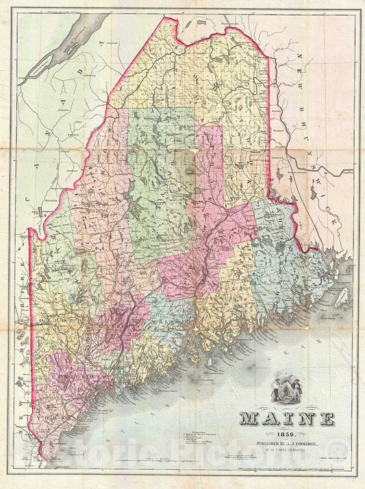 Historic Map : Coolidge Map of Maine, 1859, Vintage Wall Art