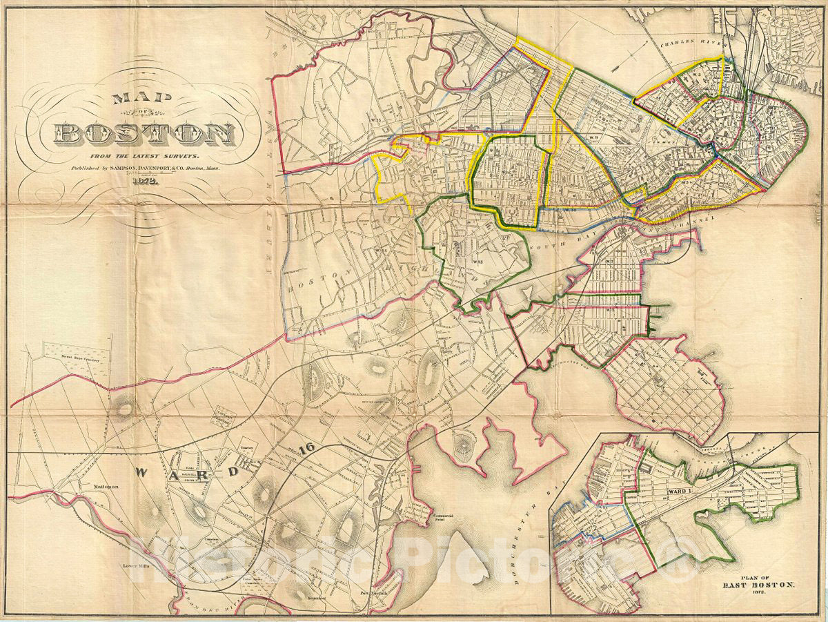 Historic Map : Sampson and Davenport Map or Plan of Boston, Massachusetts, 1872, Vintage Wall Art