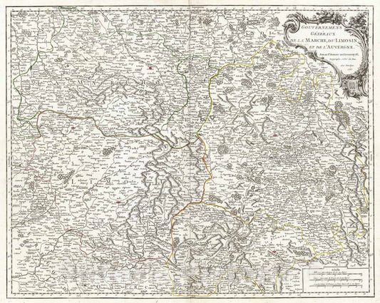 Historic Map : Vaugondy Map of The Limousin, Marche and Auvergne Regions in France, 1753, Vintage Wall Art