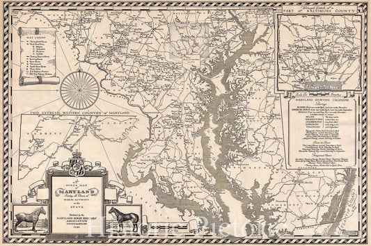 Historic Map : Pictorial Horse Map of Maryland, 1941, Vintage Wall Art