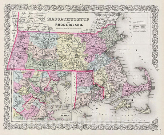 Historic Map : Colton Map of Massachusetts and Rhode Island, 1856, Vintage Wall Art