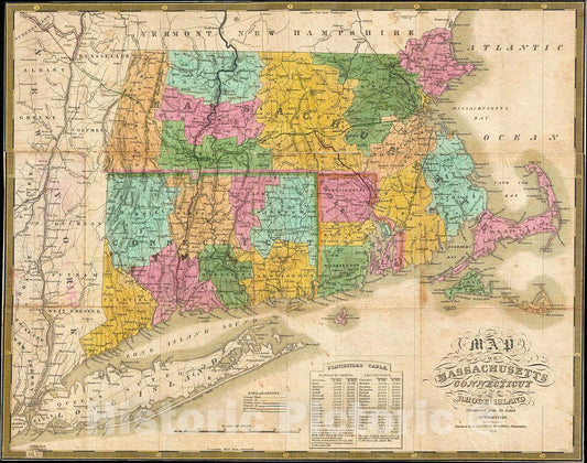 Historic Map : Mitchell Pocket Map of Massachusetts, Connecticut and Rhode Island, 1831, Vintage Wall Art