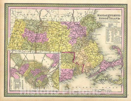 Historic Map : Mitchell Map of Massachusetts and Rhode Islands, 1849, Vintage Wall Art