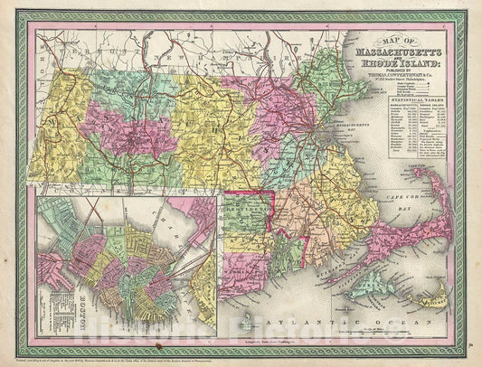 Historic Map : Mitchell Map of Massachusetts and Rhode Island, 1854, Vintage Wall Art