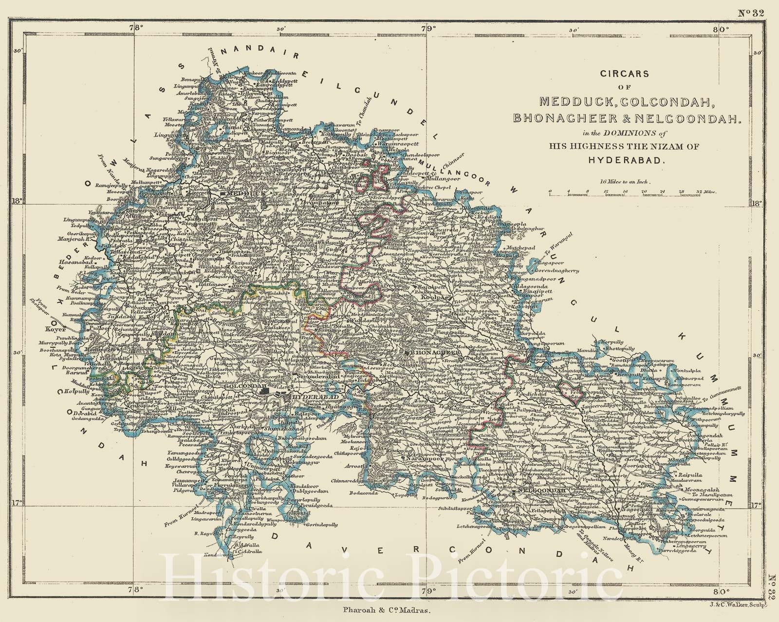 Historic Map : Pharoah and Company Map of The Hyderabad, Sangareddy and Nalgonda Districts of Telangana, India, 1854, Vintage Wall Art