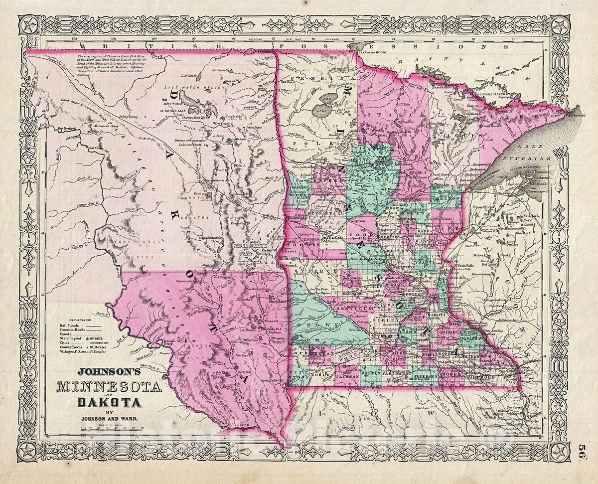 Historic Map : Johnson Map of Minnesota and Dakota, 1863, Vintage Wall Art