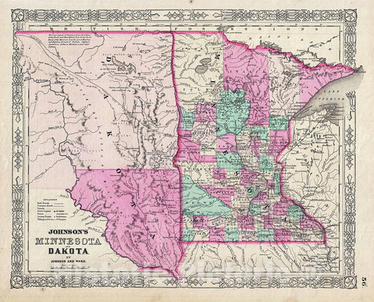 Historic Map : Johnson Map of Minnesota and Dakota, 1863, Vintage Wall Art
