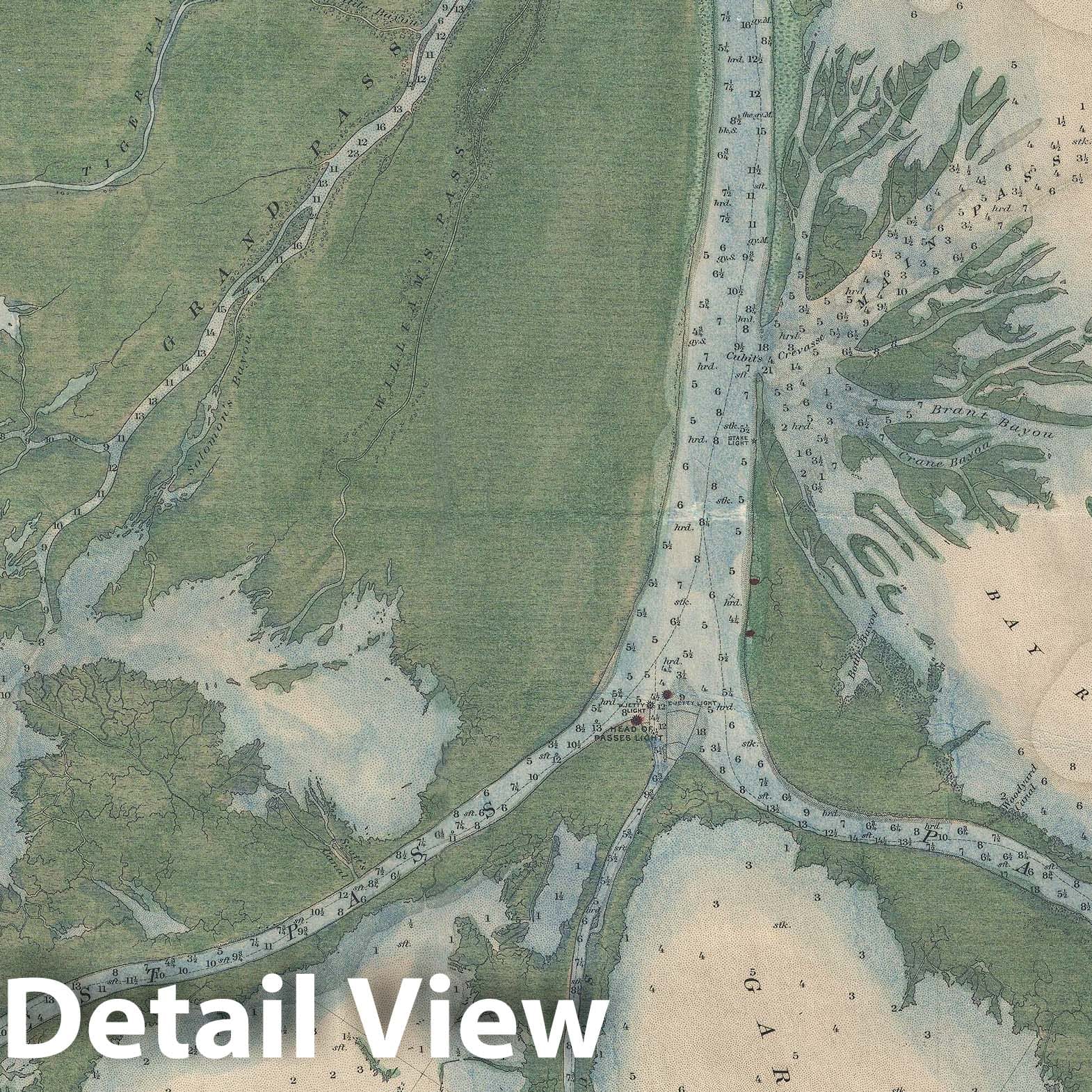 Historic Map : U. S. Coast Survey map of The Mississippi River Delta, 1885, Vintage Wall Art