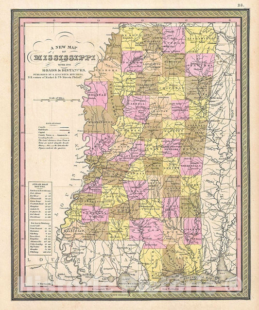 Historic Map : Mitchell Map of Mississippi, 1849, Vintage Wall Art