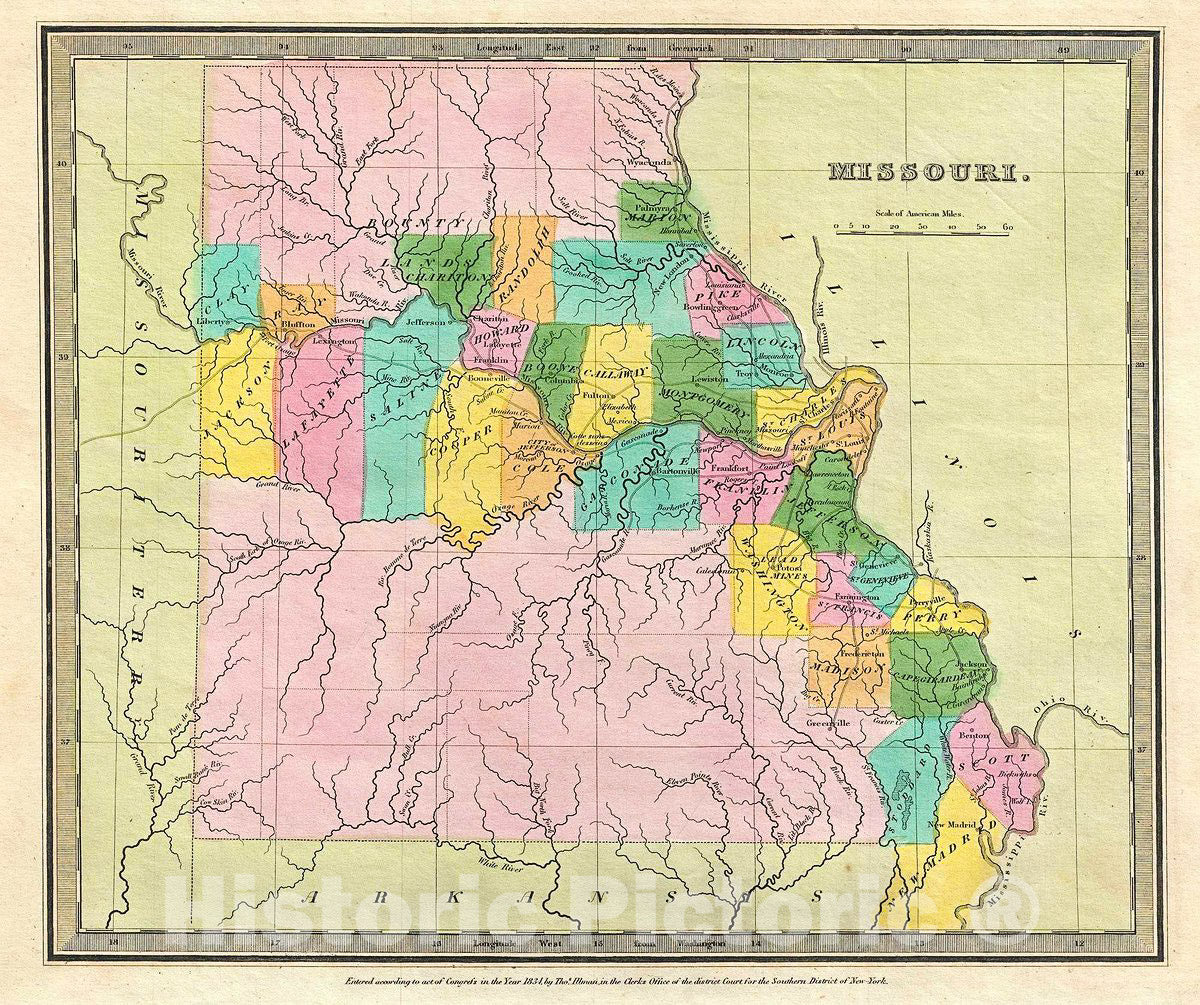 Historic Map : Burr Map of Missouri, 1834, Vintage Wall Art