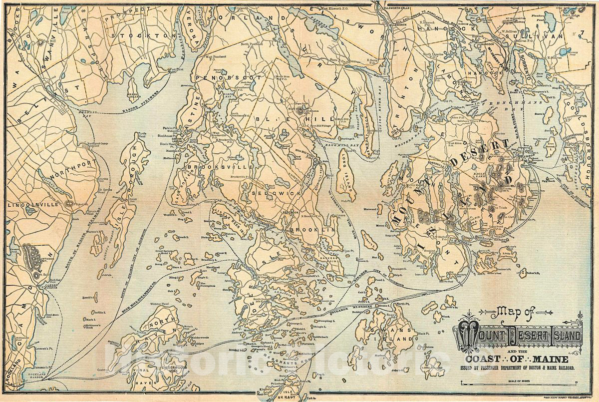Historic Map : Rand Avery Map of Mount Desert Island and The Coast of Maine, 1890, Vintage Wall Art