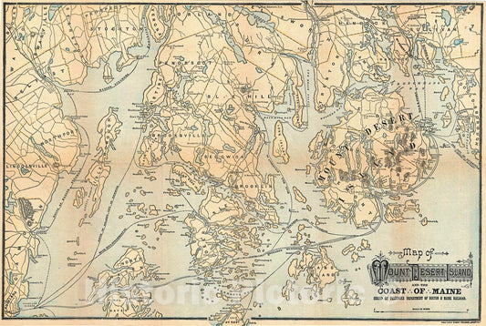 Historic Map : Rand Avery Map of Mount Desert Island and The Coast of Maine, 1890, Vintage Wall Art