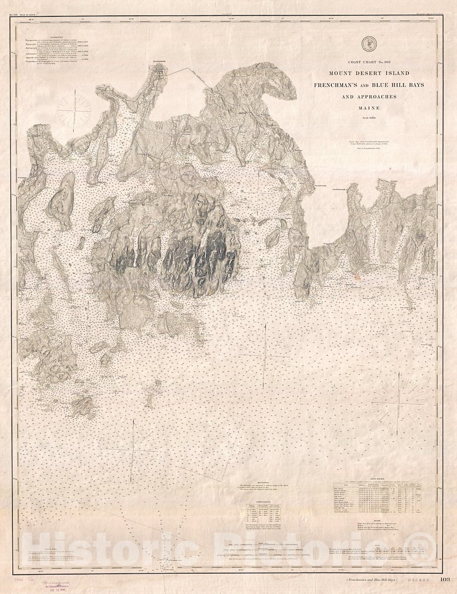 Historic Map : U.S. Coast Survey Nautical Map of Mount Desert Island (Acadia), Maine, 1883, Vintage Wall Art