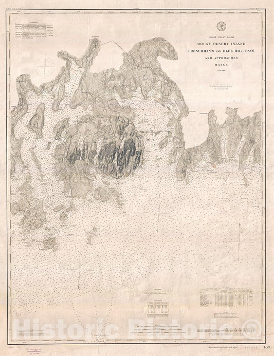Historic Map : U.S. Coast Survey Nautical Map of Mount Desert Island (Acadia), Maine, 1883, Vintage Wall Art