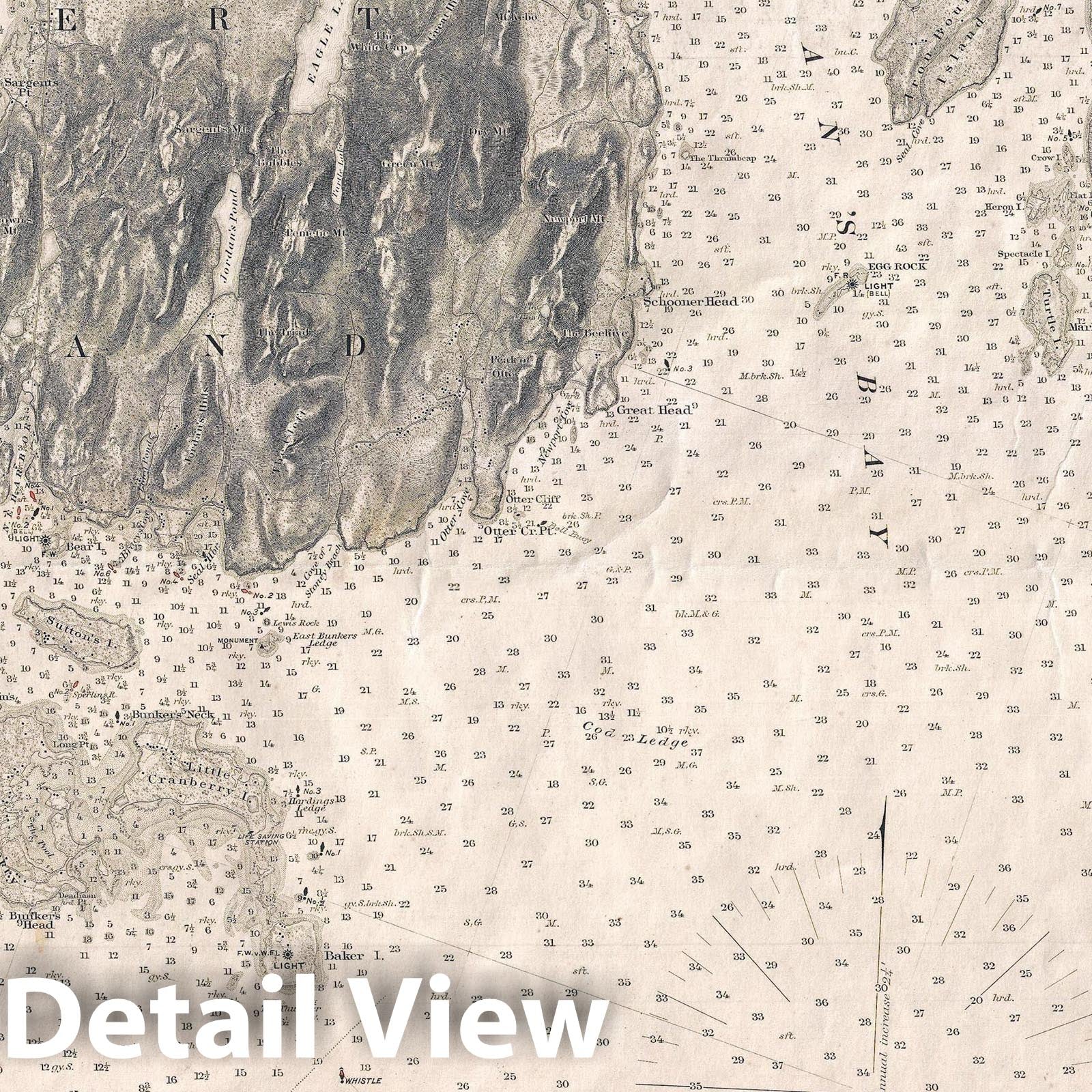 Historic Map : U.S. Coast Survey Nautical Map of Mount Desert Island (Acadia), Maine, 1883, Vintage Wall Art