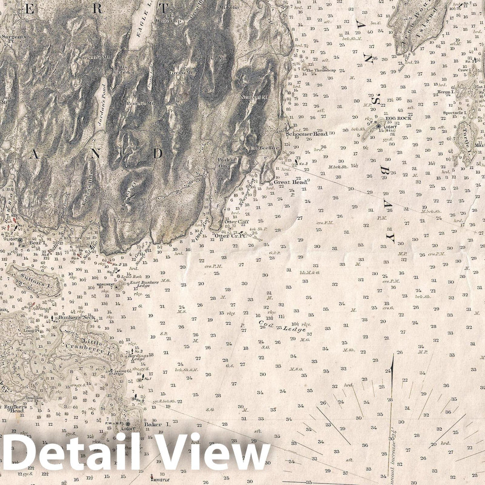 Historic Map : U.S. Coast Survey Nautical Map of Mount Desert Island (Acadia), Maine, 1883, Vintage Wall Art