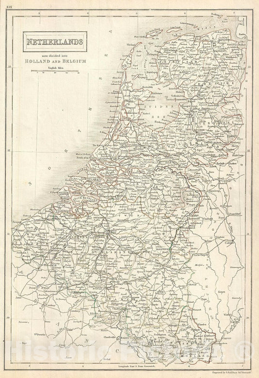 Historic Map : Black Map of The Kingdom of Netherlands (Holland, Belgium and Luxembourg), 1844, Vintage Wall Art